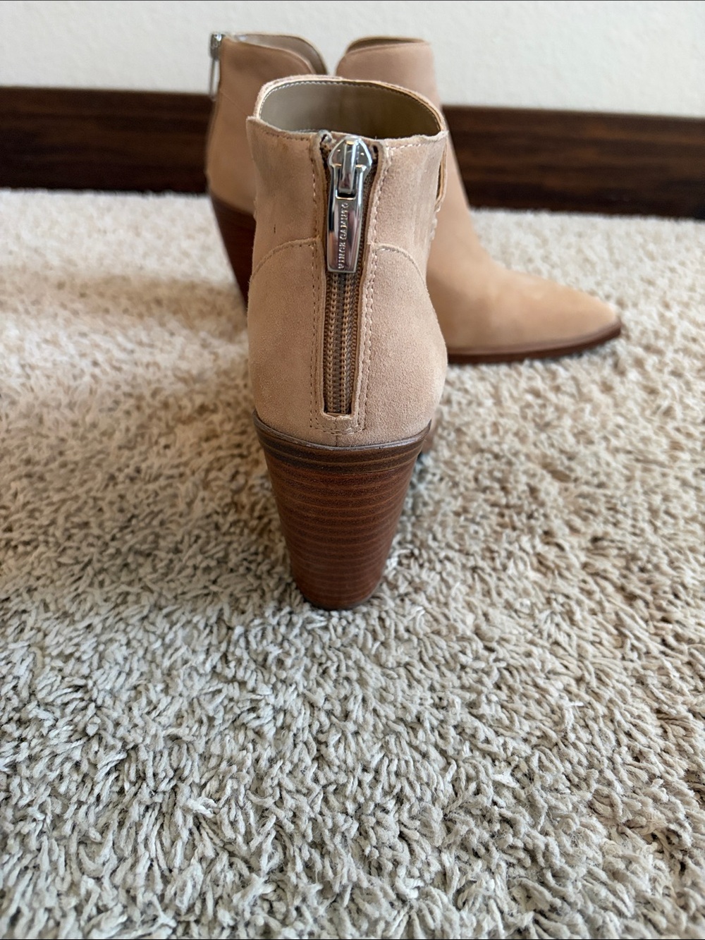 Vince Camuto Beige Suede Ankle Booties with Stacked Heel - Picture 3 of 5